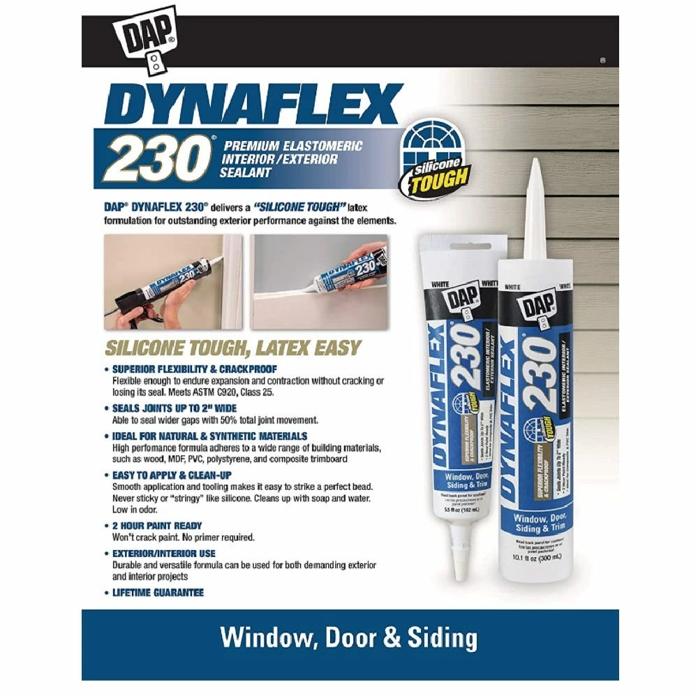 DAP Dynaflex 230 Premium Exterior/Interior Window, Door and Trim Sealant - Cedar Tan, 10.1 oz Tube - 7079818412 - Caulks Sealants 2 DAP Dynaflex 230 Premium Exterior/Interior Window, Door and Trim Sealant - Cedar Tan, 10.1 oz Tube - 7079818412 - Caulks Sealants - Image 2