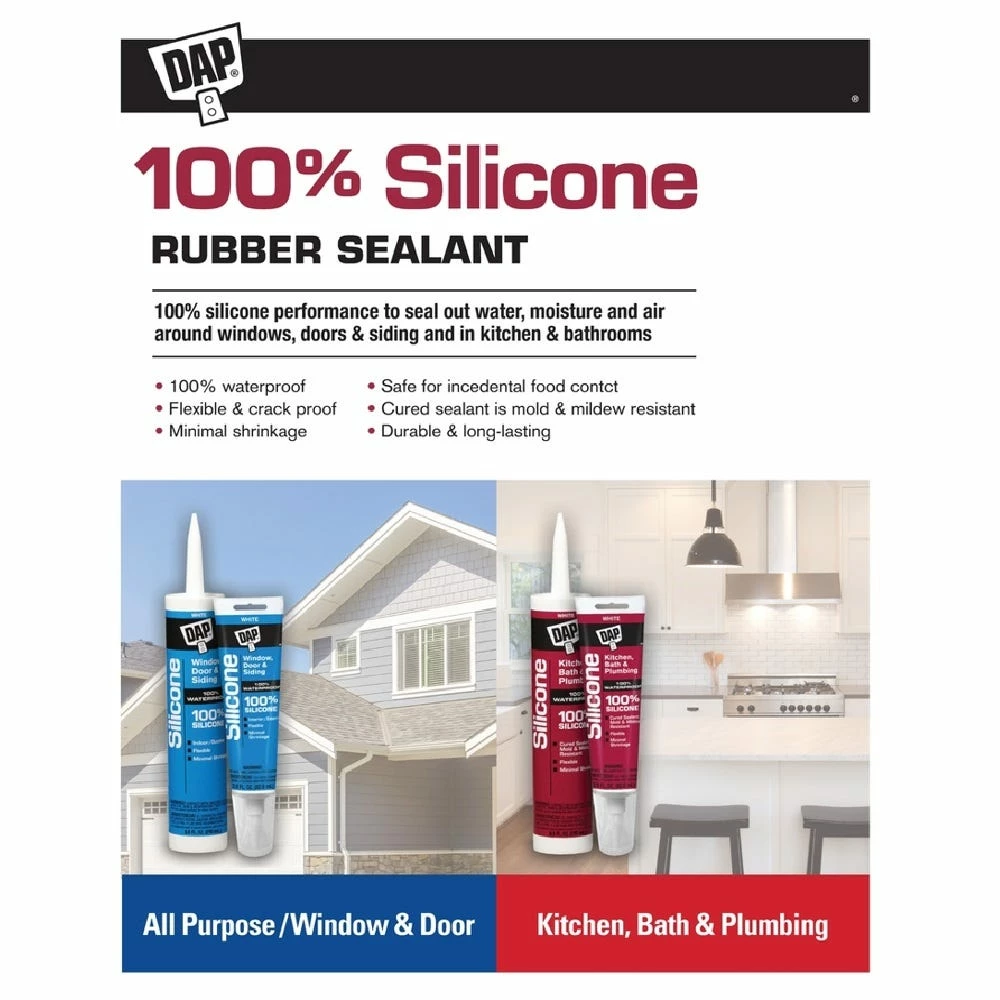 DAP 100% Silicone Rubber Kitchen & Bath Sealant - White, 2.8 oz. - 7079800680 - Caulk & Sealants 2 DAP 100% Silicone Rubber Kitchen & Bath Sealant - White, 2.8 oz. - 7079800680 - Caulk & Sealants - Image 2