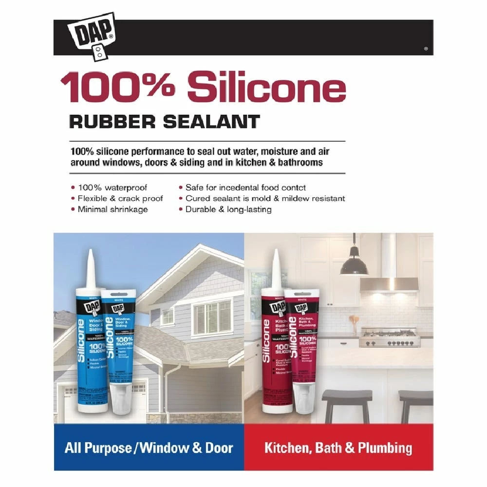 DAP 100% Silicone Rubber All-Purpose Sealant, Clear - 2.8 oz. - 7079800753 - Adhesives Fillers 2 DAP 100% Silicone Rubber All-Purpose Sealant, Clear - 2.8 oz. - 7079800753 - Adhesives Fillers - Image 2